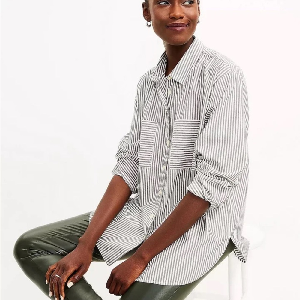 LOFT NWT❗️Thin Striped Button Down Shirt - Green and White